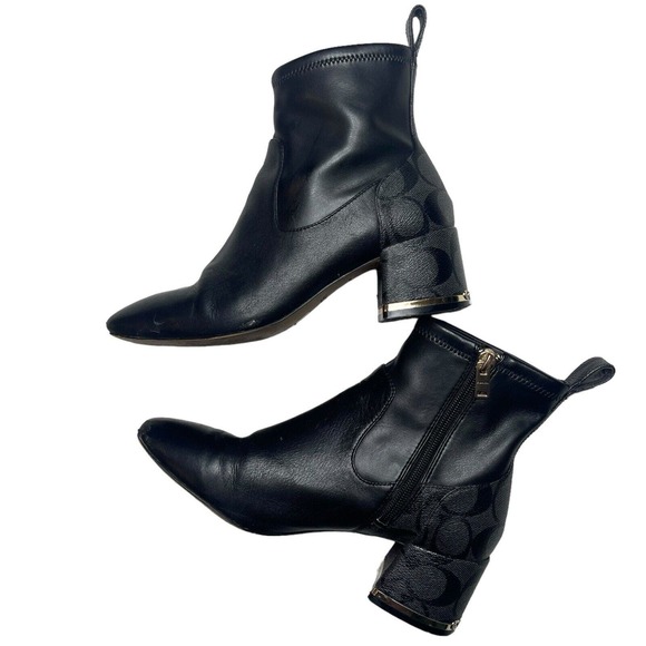 Coach Nala Bootie Leather Monogram Black Chunky Heel Side Zip Ankle Boot 6 - Picture 2 of 16